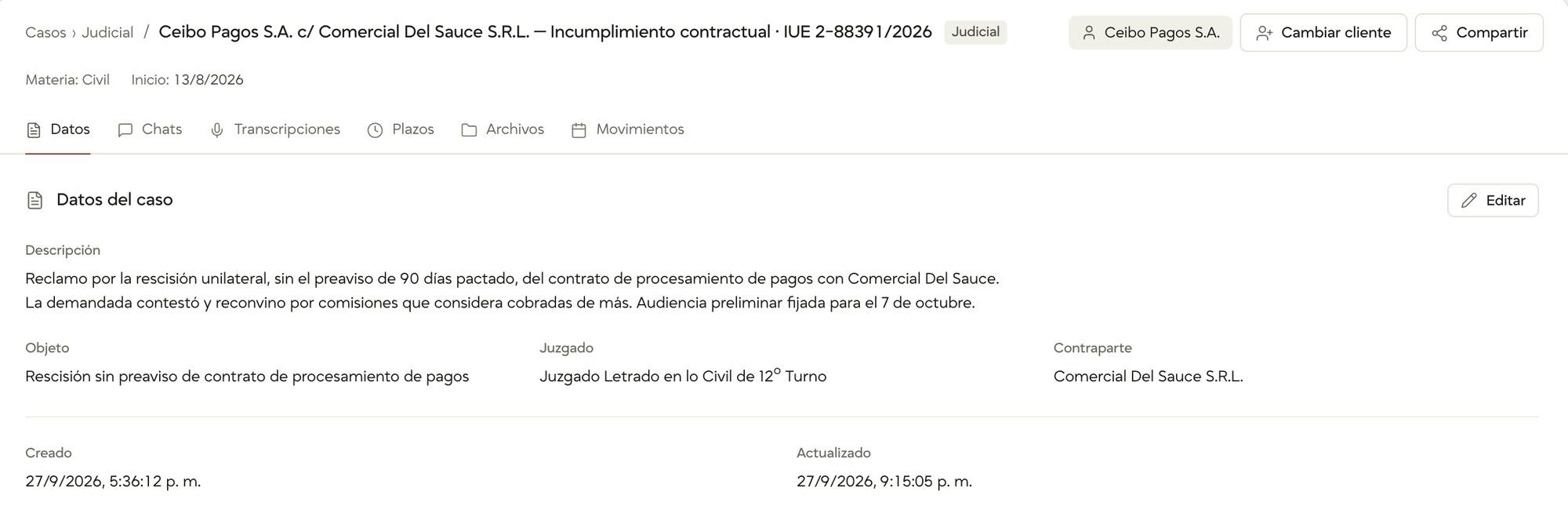 La pestaña Datos del caso Ceibo Pagos S.A. contra Comercial Del Sauce S.R.L., IUE 2-88391/2026, con la descripción, el objeto, el juzgado y la contraparte, debajo de las pestañas Datos, Chats, Transcripciones, Plazos, Archivos y Movimientos