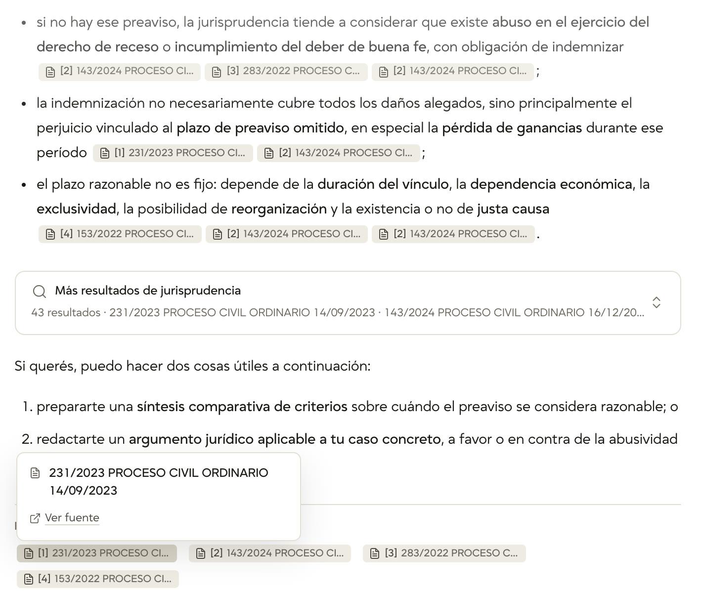 El final de una respuesta, con las citas numeradas, la lista de fuentes y la ficha de la sentencia 231/2023 abierta