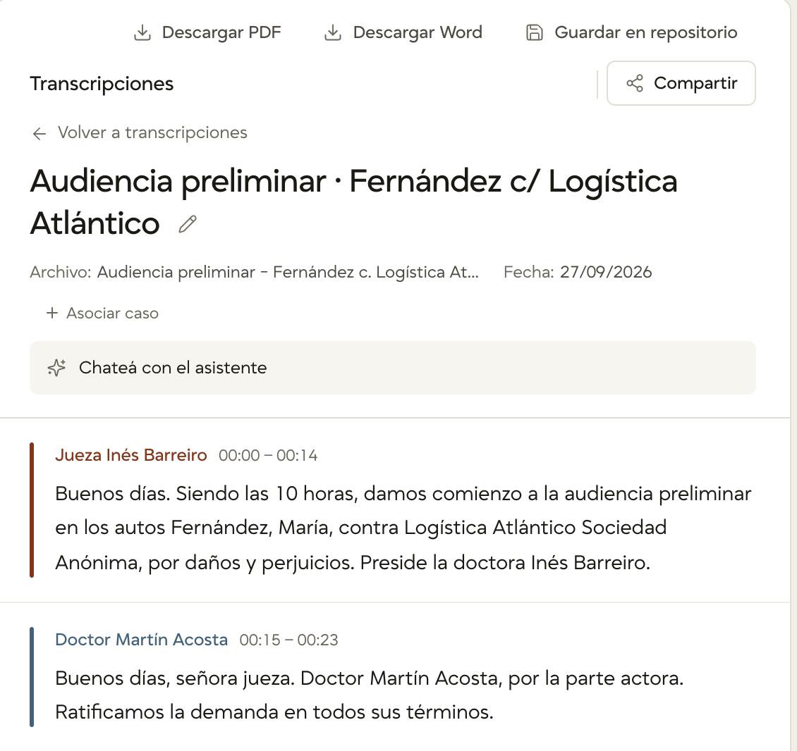 Transcripción de una audiencia preliminar, con la jueza y el abogado identificados en cada intervención