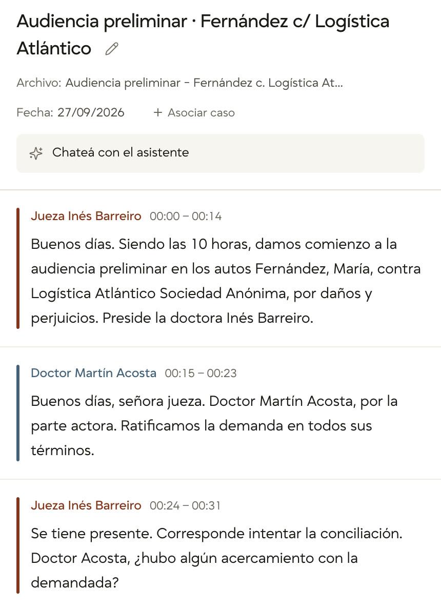 Transcripción de una audiencia preliminar en el teléfono, con la jueza y el abogado identificados en cada intervención