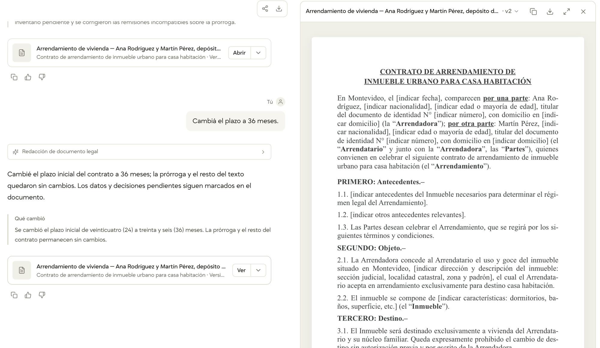 El chat del Asistente con el pedido «Cambiá el plazo a 36 meses.», la respuesta, el recuadro Qué cambió y la tarjeta del documento. A la derecha, el panel con el contrato de arrendamiento de inmueble urbano para casa habitación, en su versión 2