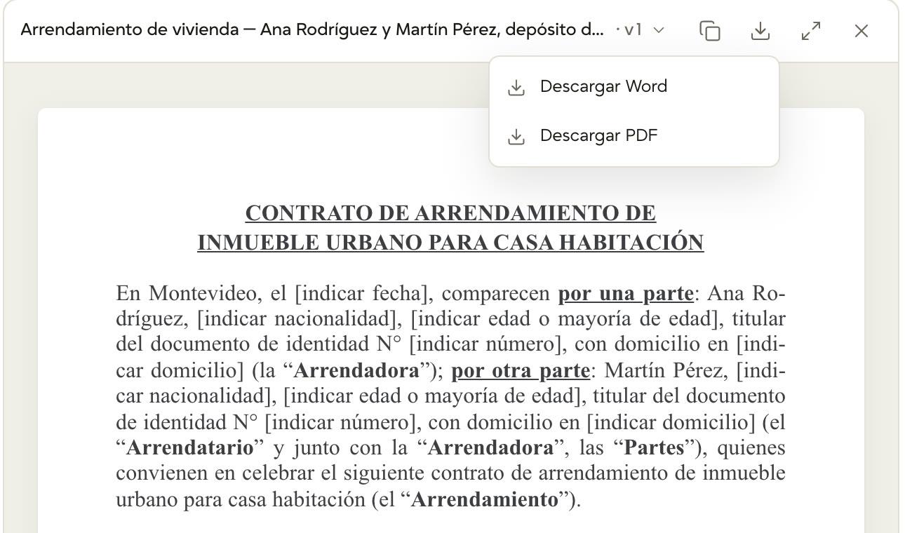 El encabezado del panel con el título del documento y el menú de descarga abierto, con Descargar Word y Descargar PDF. Debajo, el comienzo del contrato