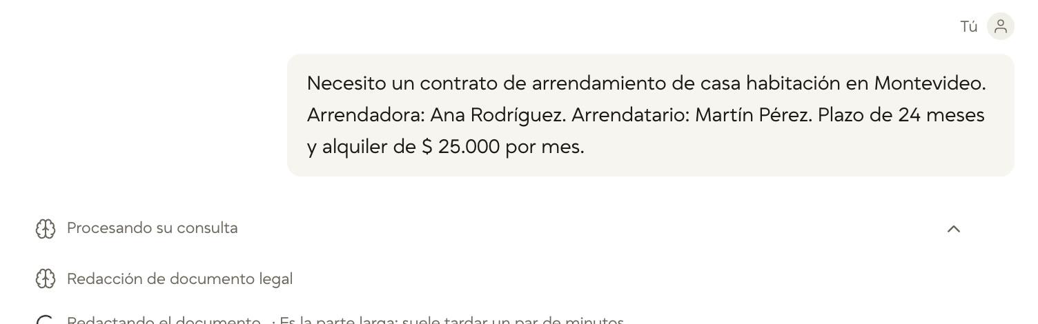 El pedido de un contrato de arrendamiento y, debajo, el avance: Redacción de documento legal y Redactando el documento, con el aviso de que es la parte larga y suele tardar un par de minutos