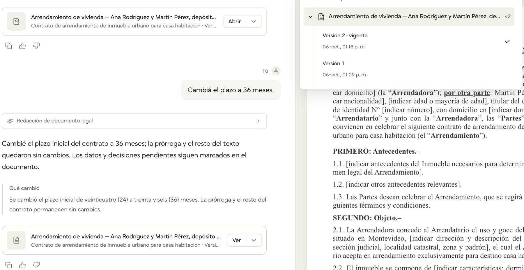 El selector Documentos y versiones abierto, con la Versión 2 marcada como vigente y la Versión 1 debajo. A la izquierda, el pedido de cambio, el recuadro Qué cambió y la tarjeta del documento con el botón Ver